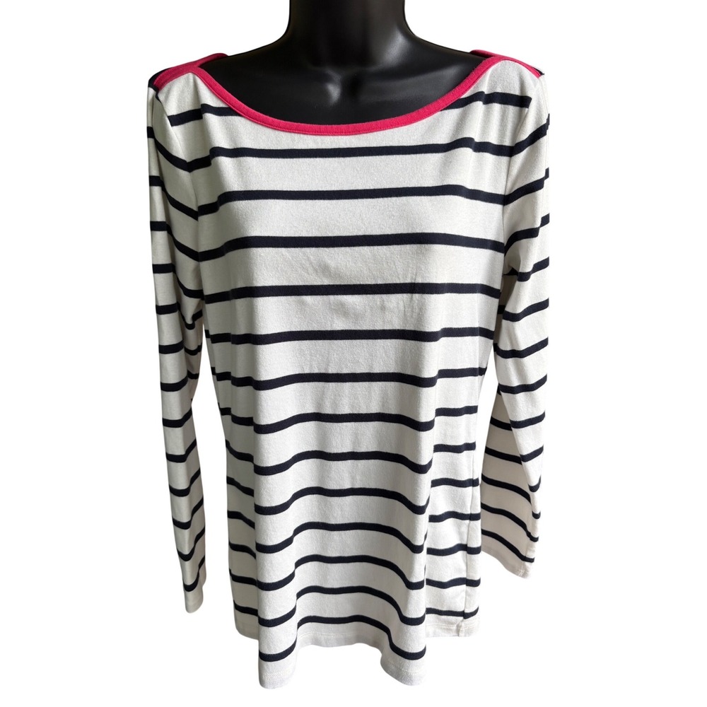 Banana Republic Womens Large Striped Long Sleeve Boat Neck Top Navy White Pink